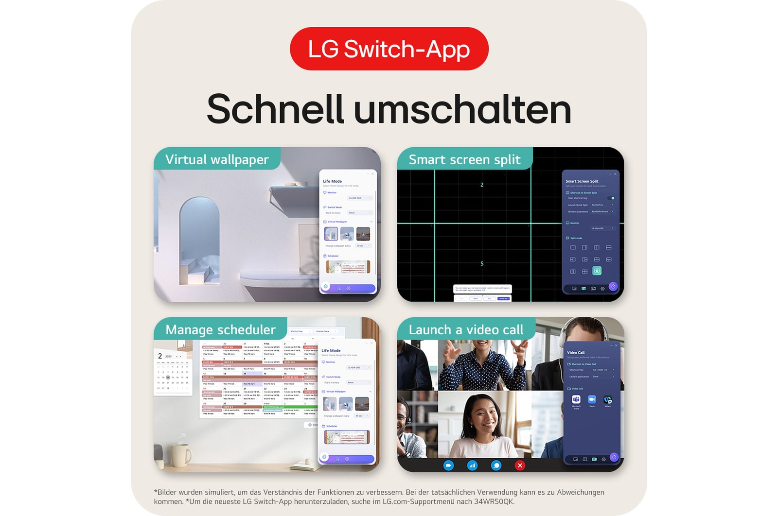 LG Switch App für schnelle Steuerung mit Smart Screen Split, Terminplaner und Videocalls.