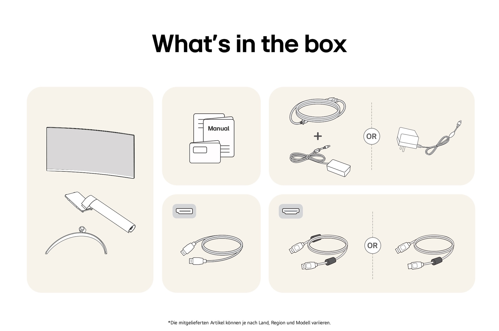 What’s in the box – LG UltraWide 34-Zoll Monitor mit Standfußteilen, Handbüchern, Netzteil und Verbindungskabeln.