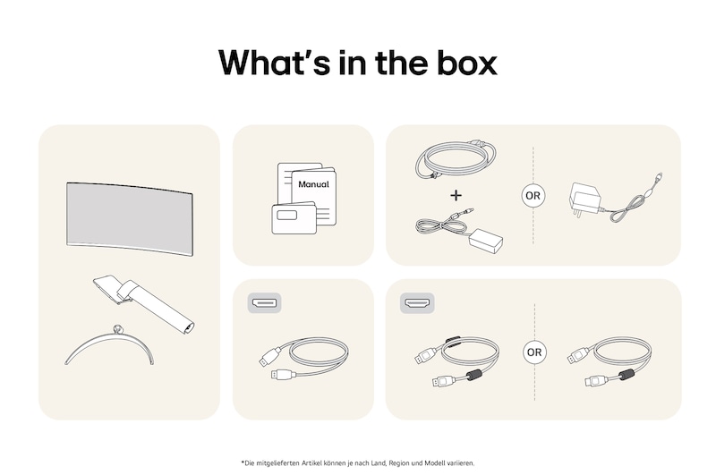 What’s in the box – LG UltraWide 34-Zoll Monitor mit Standfußteilen, Handbüchern, Netzteil und Verbindungskabeln.