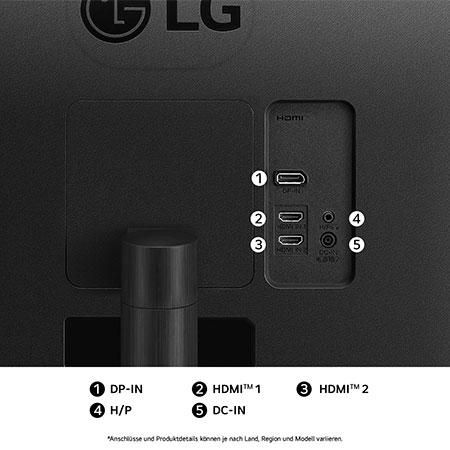 Rückansicht des LG UltraWide 34-Zoll Monitors mit mehreren Anschlussmöglichkeiten für vielseitige Geräteverbindungen.
