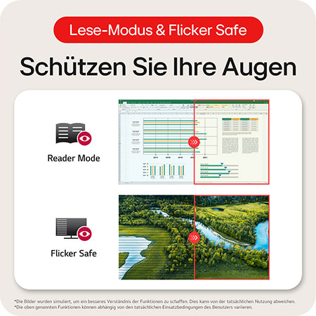 Reader Mode und Flicker Safe Funktionen zur Reduzierung der Augenbelastung für komfortables Sehen.