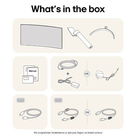 What’s in the box – LG UltraWide 34-Zoll Monitor mit Standfußteilen, Handbüchern, Netzteil und Verbindungskabeln.