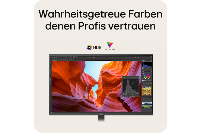 Naturgetreue Farben mit HDR und DCI-P3-Abdeckung für professionelle Farbgenauigkeit.