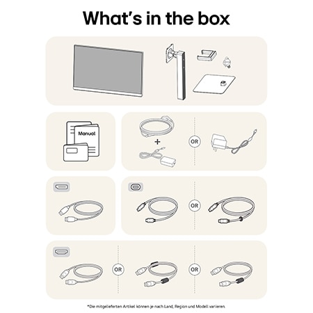 What’s in the box – LG UltraFine 32-Zoll UHD 4K Monitor mit Standfußteilen, Handbüchern, Netzteil und Verbindungskabeln.