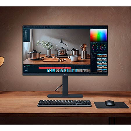 LG UltraFine 32-Zoll UHD 4K Monitor auf einem Holzschreibtisch, eingerichtet mit Kreativsoftware und Zubehör.