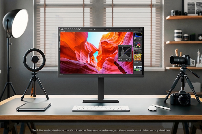  LG UltraFine 27-Zoll UHD 4K Monitor auf einem Holzschreibtisch, eingerichtet mit Kreativsoftware und Zubehör.