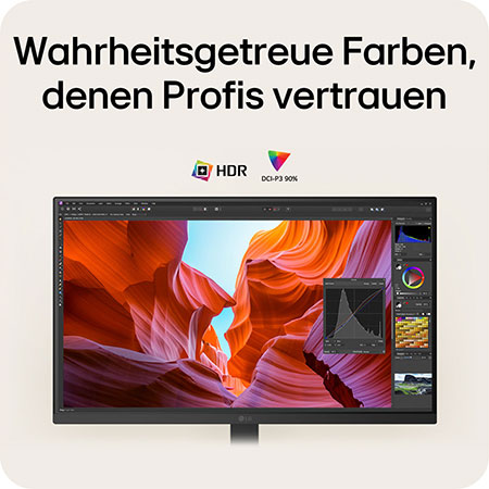 Naturgetreue Farben mit HDR und DCI-P3-Abdeckung für professionelle Farbgenauigkeit.
