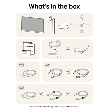 What’s in the box – LG UltraFine 27-Zoll UHD 4K Monitor mit Standfußteilen, Handbüchern, Netzteil und Verbindungskabeln.