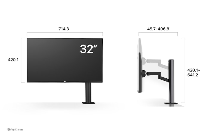 Maßansicht des LG UltraFine 32-Zoll UHD 4K Monitors mit schlanken Rahmen und ergonomischem Standfuß, nahtlos passend in moderne Arbeitsumgebungen und für ein ausgewogenes, produktives Setup gestaltet.