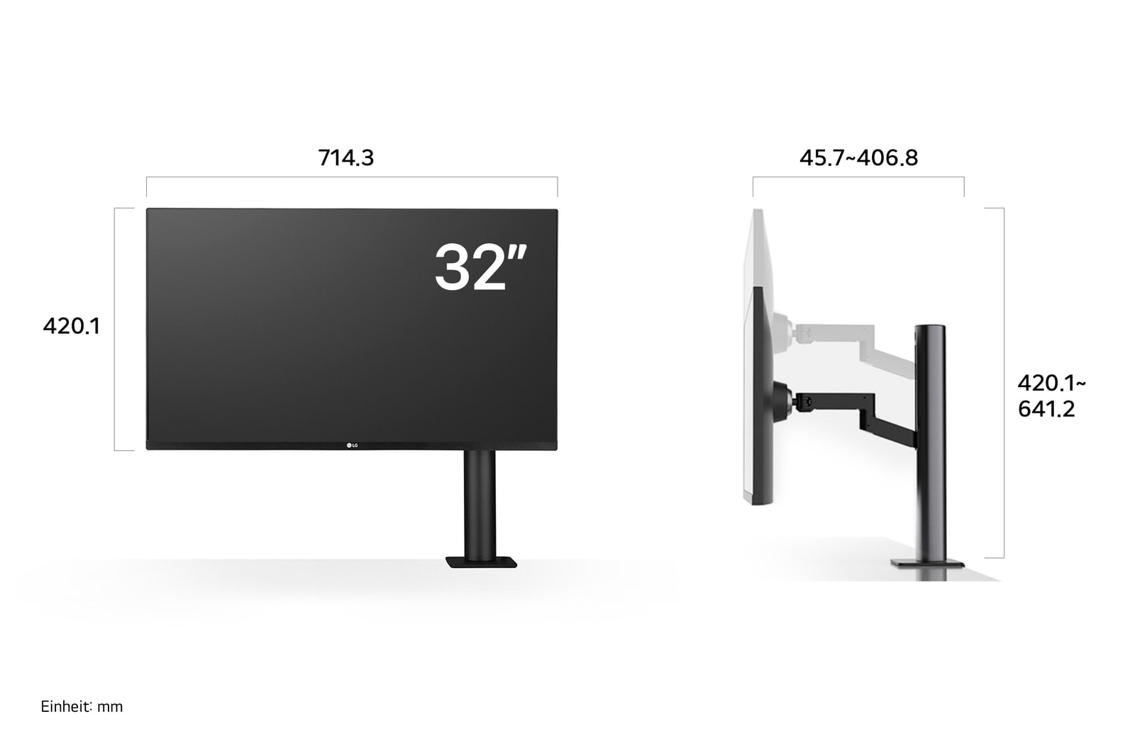 Maßansicht des LG UltraFine 32-Zoll UHD 4K Monitors mit schlanken Rahmen und ergonomischem Standfuß, nahtlos passend in moderne Arbeitsumgebungen und für ein ausgewogenes, produktives Setup gestaltet.