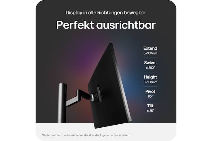 Flexibler Ergo-Standfuß mit Schwenk-, Neige-, Pivot-, Höhen- und Ausziehfunktion für individuelle Ausrichtung des 32-Zoll 4K Monitors.