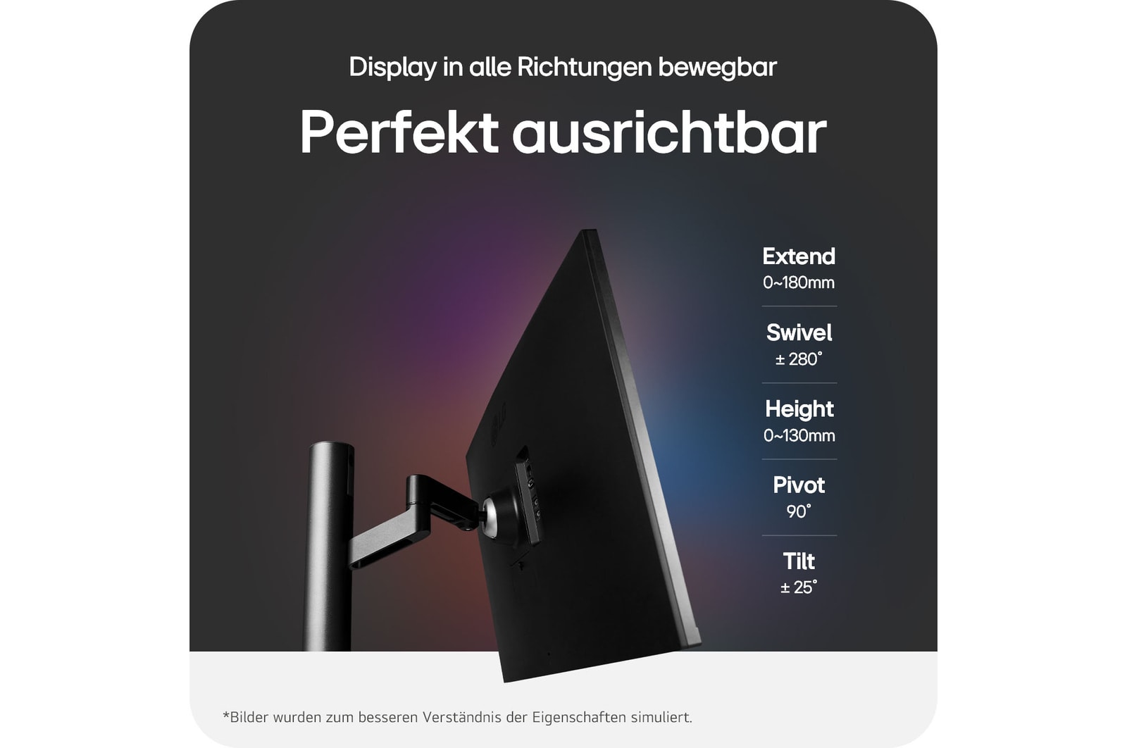 Flexibler Ergo-Standfuß mit Schwenk-, Neige-, Pivot-, Höhen- und Ausziehfunktion für individuelle Ausrichtung des 32-Zoll 4K Monitors.