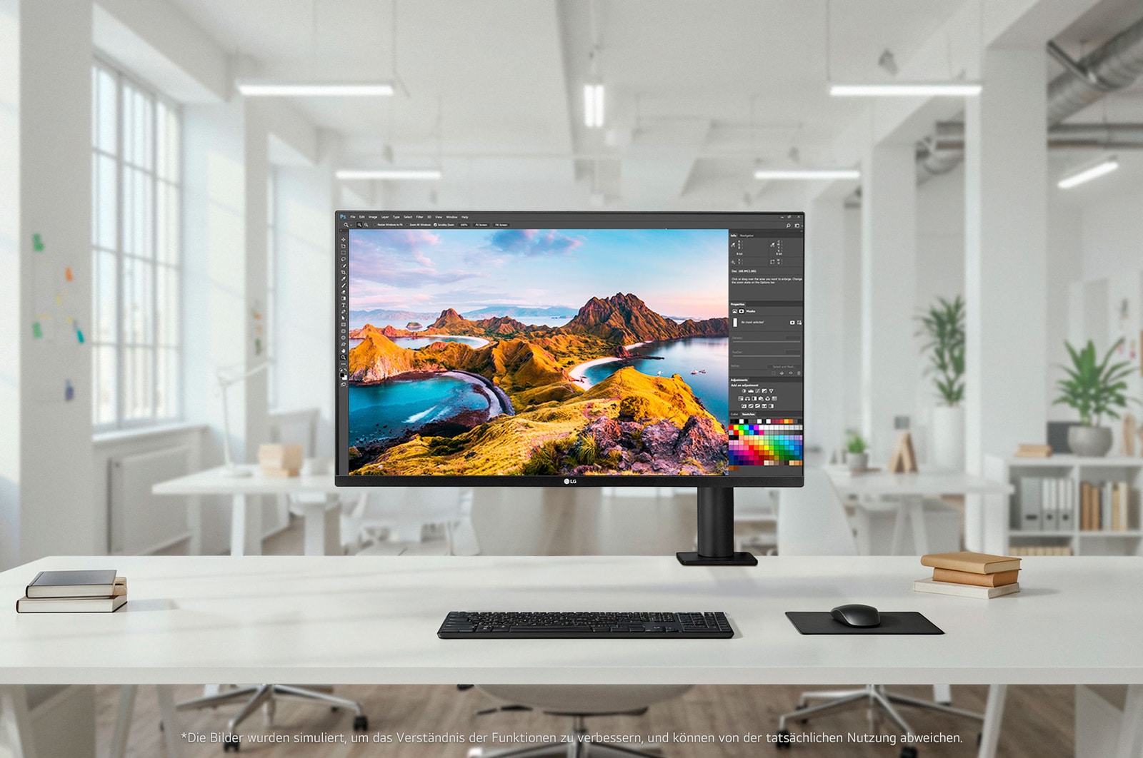 LG UltraFine 32-Zoll UHD 4K Monitor auf ergonomischem Armstand in modernem Arbeitsbereich, kombiniert hochwertiges Design mit Komfort für kreative Bearbeitung, Multitasking und effiziente professionelle Nutzung.