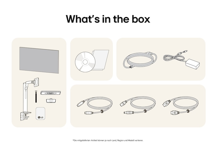 What’s in the box – Lieferumfang des LG UltraFine 32-Zoll UHD 4K Monitors umfasst den Monitor, Teile für den ergonomischen Armstand, Netzteil, Verbindungskabel und Handbücher für ein vollständiges Setup.
