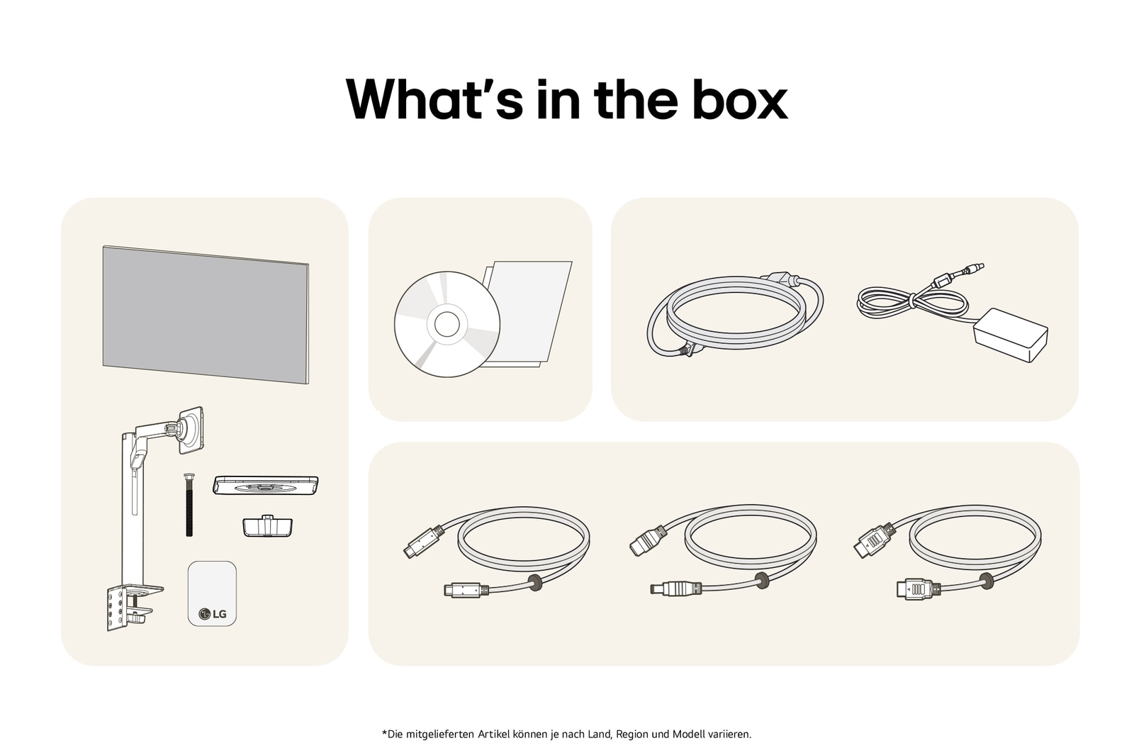 What’s in the box – Lieferumfang des LG UltraFine 32-Zoll UHD 4K Monitors umfasst den Monitor, Teile für den ergonomischen Armstand, Netzteil, Verbindungskabel und Handbücher für ein vollständiges Setup.