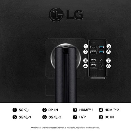 Rückansicht des LG UltraFine 32-Zoll UHD 4K Monitors mit mehreren Anschlussmöglichkeiten, die flexible Integration mit verschiedenen Geräten für professionelle Workflows und nahtlose Produktivität ermöglichen.