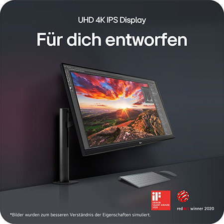 Schlankes 32-Zoll UHD 4K IPS Display mit preisgekröntem ergonomischem Design, bietet präzise Farben und weite Betrachtungswinkel.