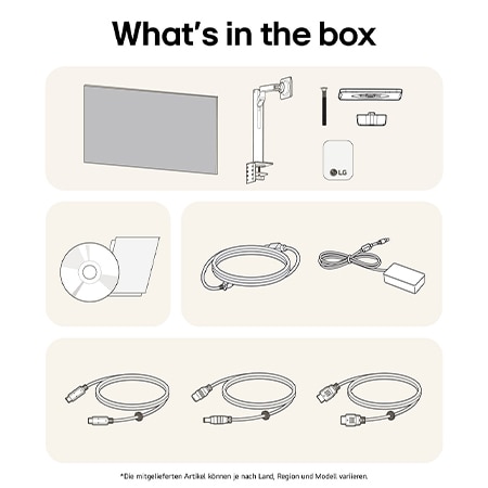 What’s in the box – Lieferumfang des LG UltraFine 32-Zoll UHD 4K Monitors umfasst den Monitor, Teile für den ergonomischen Armstand, Netzteil, Verbindungskabel und Handbücher für ein vollständiges Setup.