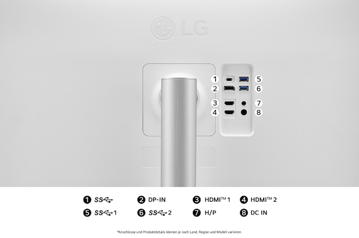 Rückansicht des LG UltraFine 27-Zoll UHD 4K Monitors mit mehreren Anschlüssen für vielseitige Geräteverbindungen.