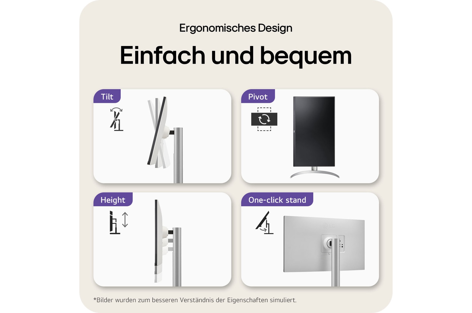 Ergonomisches Design des LG UltraFine 27-Zoll UHD 4K Monitors mit einfacher Neigung, Pivot, Höhenverstellung und One-Click-Standmontage.