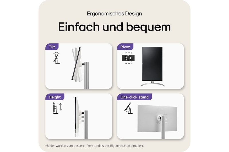 Ergonomisches Design des LG UltraFine 27-Zoll UHD 4K Monitors mit einfacher Neigung, Pivot, Höhenverstellung und One-Click-Standmontage.