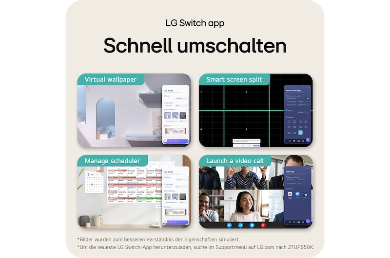 Die LG Switch App steigert die Produktivität am LG UltraFine 27-Zoll UHD 4K Monitor mit Smart Screen Split, Zeitplanverwaltung und schnellem App-Wechsel.