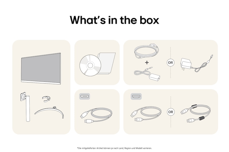 What’s in the box – LG UltraFine 27-Zoll UHD 4K Monitor mit Standfußteilen, Handbüchern, Netzteil und Verbindungskabeln.