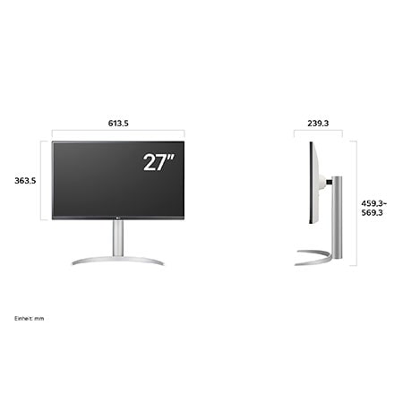 Vorder- und Seitenansicht mit Abmessungen des LG UltraFine 27-Zoll UHD 4K Monitors mit ergonomischem Standfuß.
