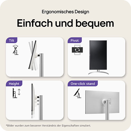 Ergonomisches Design des LG UltraFine 27-Zoll UHD 4K Monitors mit einfacher Neigung, Pivot, Höhenverstellung und One-Click-Standmontage.