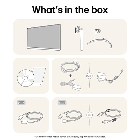 What’s in the box – LG UltraFine 27-Zoll UHD 4K Monitor mit Standfußteilen, Handbüchern, Netzteil und Verbindungskabeln.