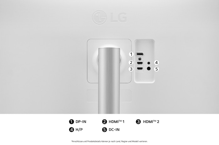 Rückansicht des LG UltraFine 27-Zoll UHD 4K Monitors mit mehreren Anschlüssen für vielseitige Geräteverbindungen.
