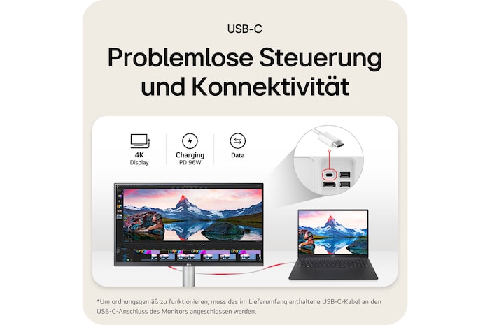 Der LG UltraFine 27UP850K-W 27-Zoll 4K Monitor bietet mit USB-C-Anschluss eine einfache Steuerung und Konnektivität für Bildübertragung, Stromversorgung und Daten.
