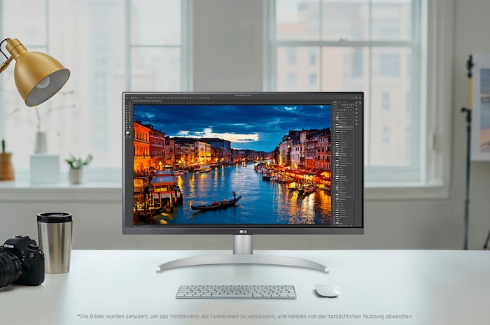 LG UltraFine 27-Zoll UHD 4K Monitor auf modernem Schreibtisch, harmonisch integriert in Home- und Office-Umgebungen.