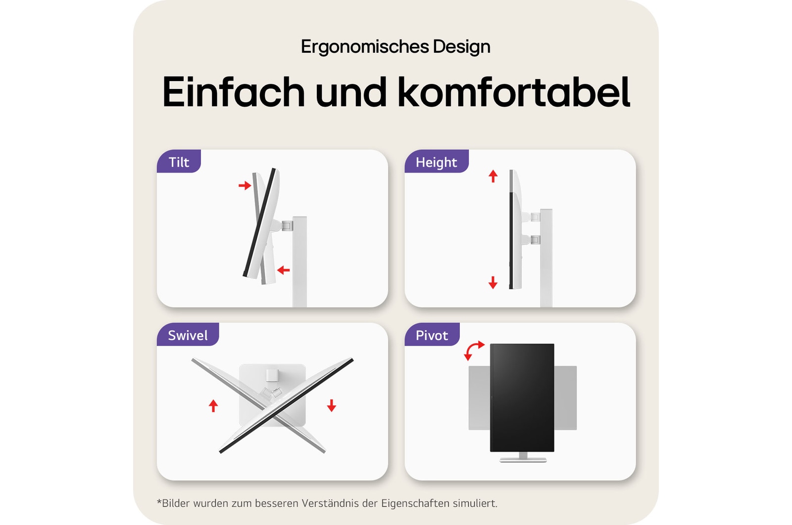 Ergonomisches Design des LG UltraFine 27-Zoll UHD 4K Monitors mit einfacher Neigung, Pivot, Höhenverstellung und One-Click-Standmontage.