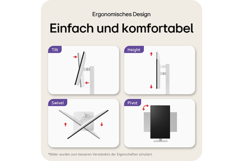 Ergonomisches Design des LG UltraFine 27-Zoll UHD 4K Monitors mit einfacher Neigung, Pivot, Höhenverstellung und One-Click-Standmontage.