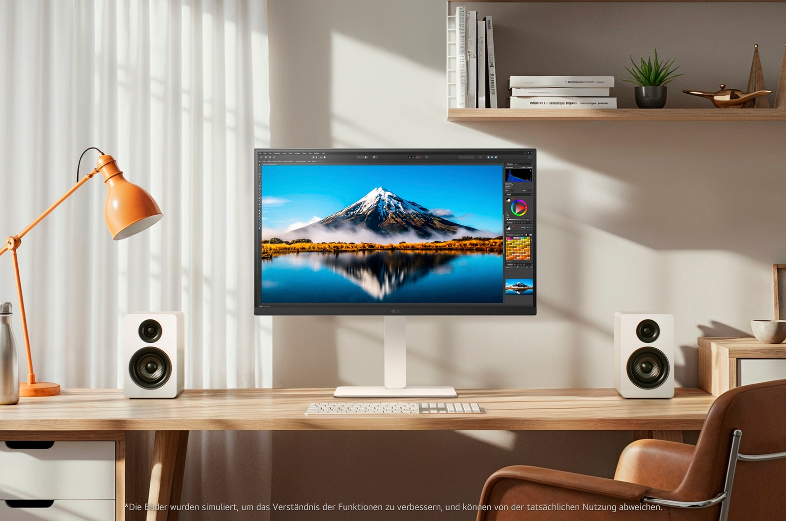 Stylischer Arbeitsplatz mit dem LG UltraFine 27US550-W 27-Zoll 4K Monitor, der lebendige Klarheit und nahtlose Integration ins Büro zeigt, entwickelt für Produktivität und Kreativität.