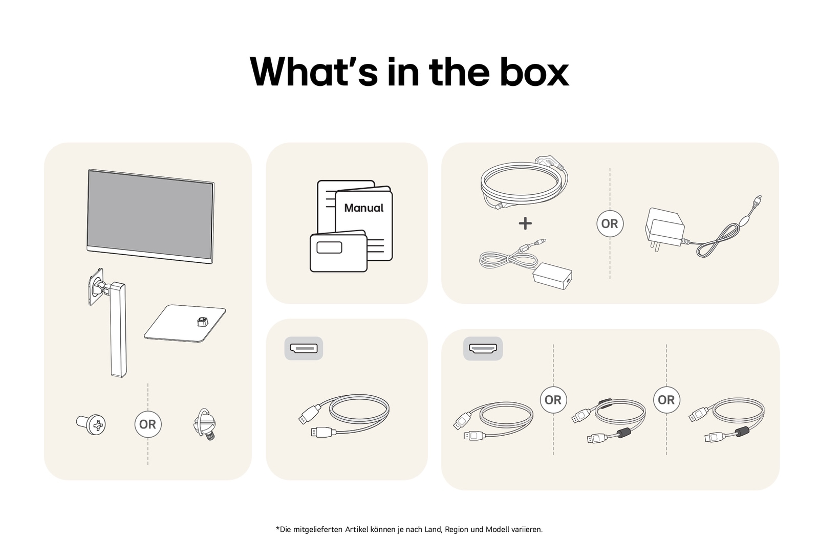 What’s in the box – LG UltraFine 27-Zoll UHD 4K Monitor mit Standfußteilen, Handbüchern, Netzteil und Verbindungskabeln.
