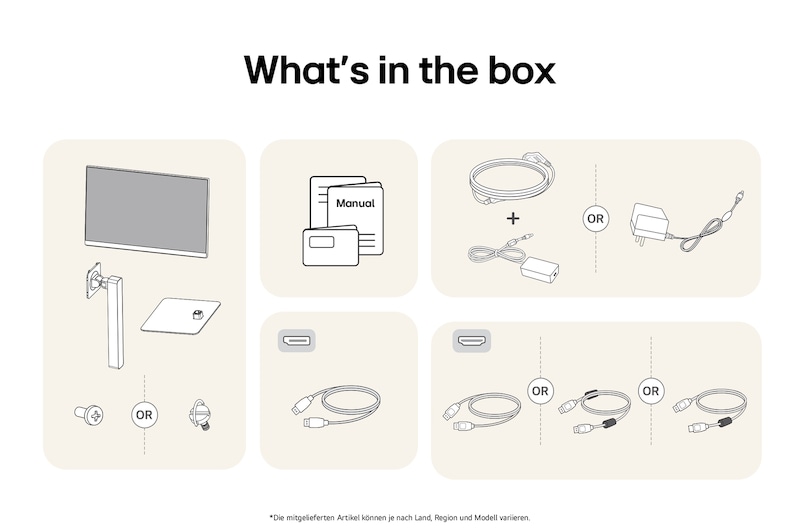 What’s in the box – LG UltraFine 27-Zoll UHD 4K Monitor mit Standfußteilen, Handbüchern, Netzteil und Verbindungskabeln.