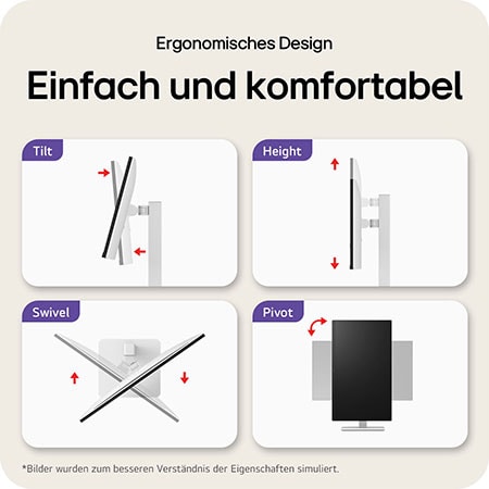 Ergonomisches Design des LG UltraFine 27-Zoll UHD 4K Monitors mit einfacher Neigung, Pivot, Höhenverstellung und One-Click-Standmontage.