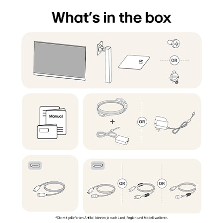 What’s in the box – LG UltraFine 27-Zoll UHD 4K Monitor mit Standfußteilen, Handbüchern, Netzteil und Verbindungskabeln.