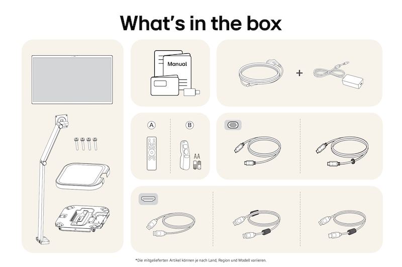 Lieferumfang des LG UltraFine 32U889SA-W Monitors mit Standfuß, Netzteil, Kabeln, Fernbedienung und Benutzerhandbuch für eine sofortige Inbetriebnahme.