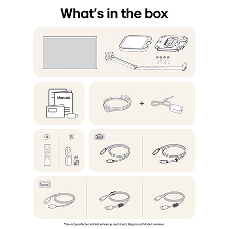 Lieferumfang des LG UltraFine 32U889SA-W Monitors mit Standfuß, Netzteil, Kabeln, Fernbedienung und Benutzerhandbuch für eine sofortige Inbetriebnahme.