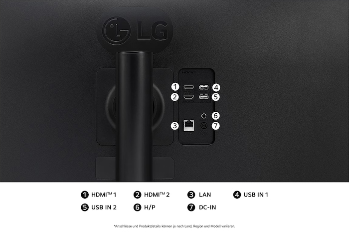 Rückseitige Anschlüsse des LG Smart Monitor 34SR65QC-B mit HDMI, USB, LAN und Kopfhöreranschlüssen für flexible Gerätekompatibilität.