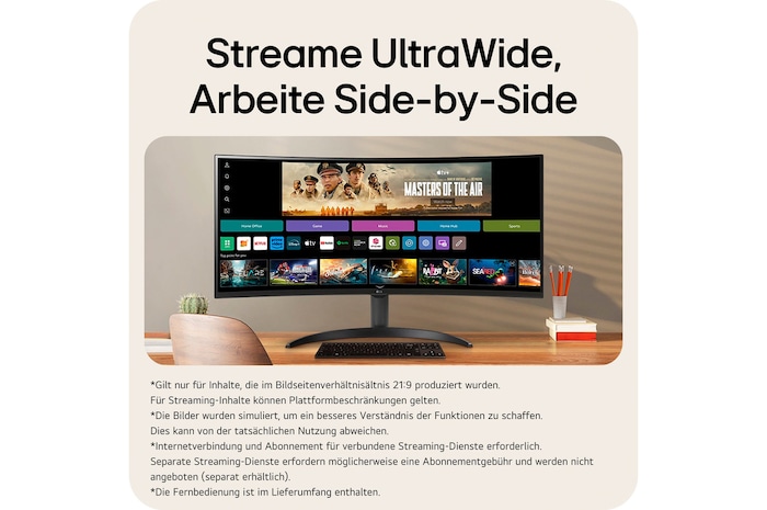 LG Smart Monitor 34-Zoll UltraWide Display mit 21:9 Seitenverhältnis ermöglicht effizientes paralleles Streaming, produktives Multitasking und erweiterte Arbeitsplatz-Verwaltung.