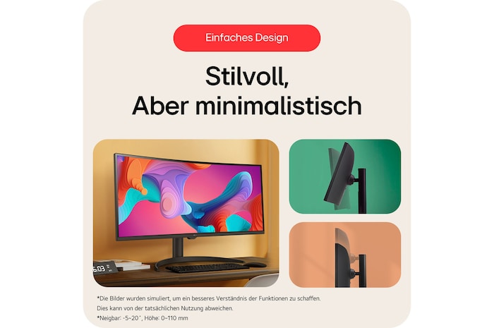 Minimalistisches 34-Zoll Monitor-Design mit eleganter Ästhetik, schlankem Profil und vielseitigem ergonomischem Standfuß mit Neige-, Höhen- und Schwenkverstellung.