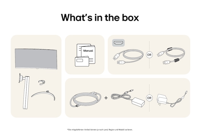 What’s in the Box des LG Smart Monitor 34SR65QC-B umfasst Monitor, Standfußteile, Kabel, Adapter und Handbuch für eine einfache Installation.