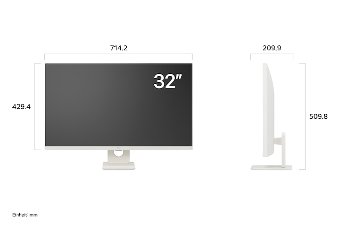 Maßansicht des 32-Zoll Smart Monitors mit exakten Abmessungen 714,2×509,8×209,9mm inklusive ergonomischem Standfuß für optimale Schreibtischplatzierung.