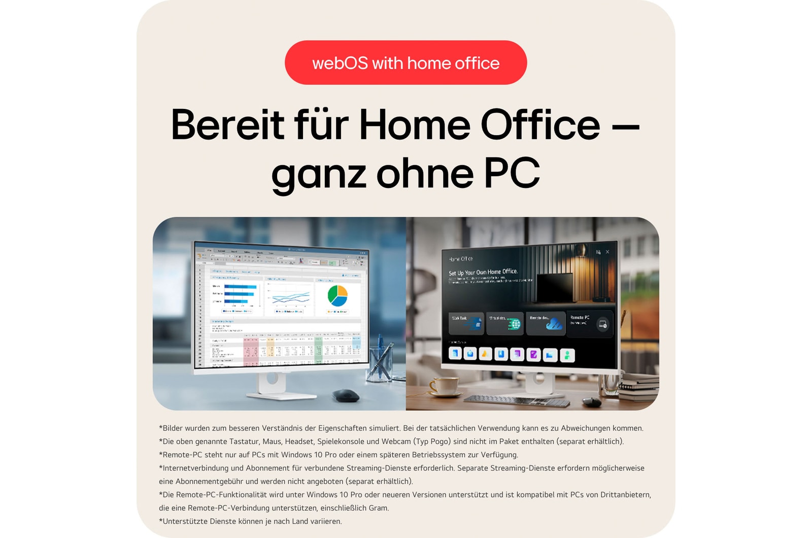 Smart Monitor mit webOS bereit für Home Office ohne PC, mit integrierten Produktivitäts-Apps und drahtloser Konnektivität für nahtlose Remote-Arbeit.
