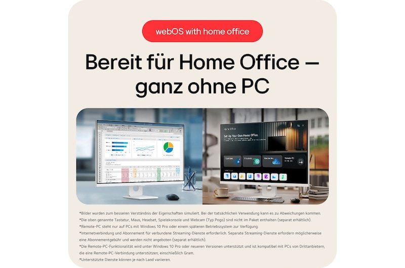 Smart Monitor mit webOS bereit für Home Office ohne PC, mit integrierten Produktivitäts-Apps und drahtloser Konnektivität für nahtlose Remote-Arbeit.