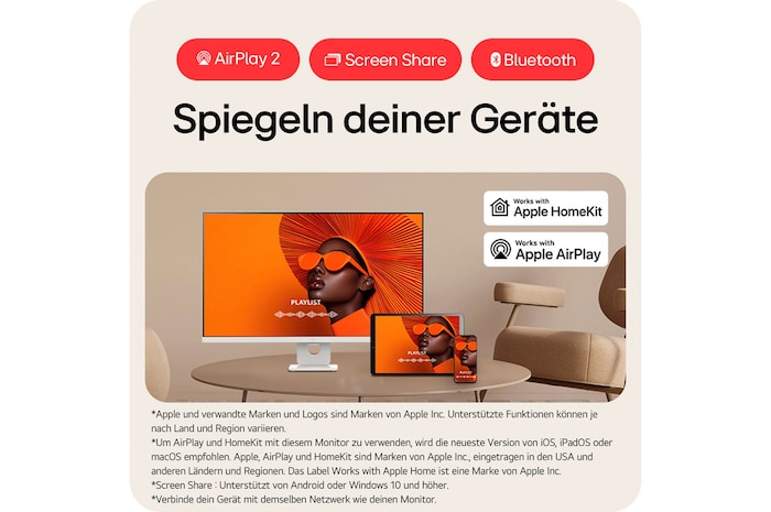 Smart Monitor mit AirPlay 2, Screen Share und Bluetooth-Konnektivität für nahtloses Geräte-Spiegeln und drahtloses Content-Sharing zwischen Apple-Geräten.